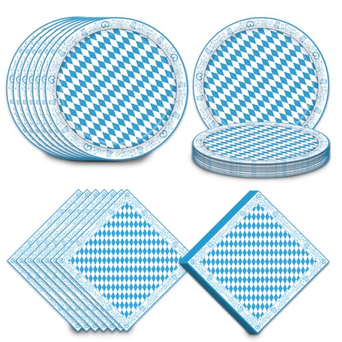 80 Stück Oktoberfest Tischdeko Set, Oktoberfest Pappteller + Oktoberfest Servietten, Oktoberfest Partygeschirr, Oktoberfest Dekoration Blau Weiß für Oktoberfestparty Grillparty von XLZJYIJ