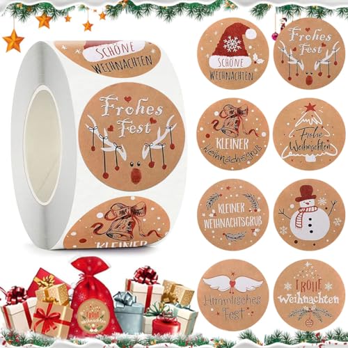 Aufkleber Weihnachten, 500 Stück Selbstklebende Weihnachtsetiketten Deutsch, Roll-in Label Papier Geschenkaufkleber, Runde Papieraufkleber Etiketten für Weihnachten Geschenkverpackung, 3.8CM von XLZJYIJ