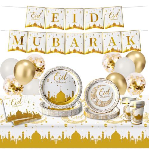 Eid Mubarak Dekoration, 52P Eid Mubarak Partygeschirr, 1Eid Tischdecke,1Eid Mubarak Banner, 20 Eid Pappteller, 10 Eid Mubarak Servietten, Becher, 10 Eid Mubarak Luftballons für Eid Party Deko von XLZJYIJ