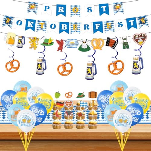 Oktoberfest Deko Set, Bayrische Wiesn Dekoration, "PROST OKTOBERFEST" Girlande + Oktoberfes Banner + Spirale + 12 Cake Topper + 16 Latexballon + Tischläufer, fur Deko Oktoberfest Party von XLZJYIJ