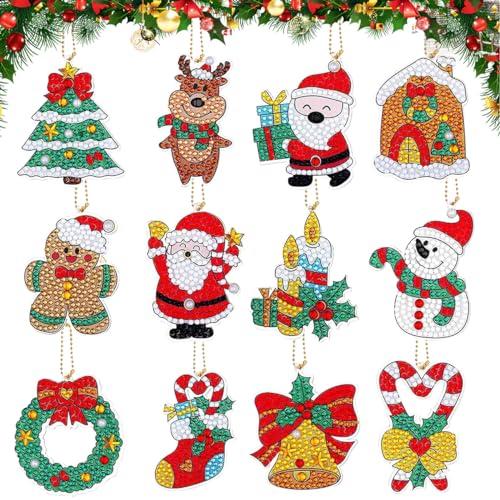 XLZJYIJ 12 Set 5D Diamond Painting Weihnachten Anhänger Kinder, Weihnachten Diamant Malerei SchlüSselbund, Diamant Malerei DIY Kit Weihnachtsbaum Deko von XLZJYIJ