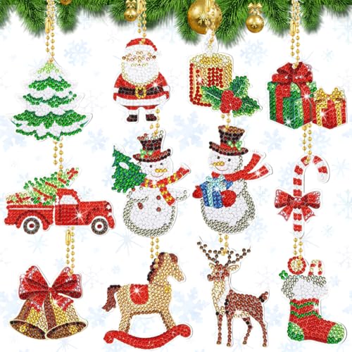 XLZJYIJ 12 Set 5D Diamond Painting Weihnachten Anhänger Kinder, Weihnachten Diamant Malerei SchlüSselbund, Diamant Malerei DIY Kit Weihnachtsbaum Deko von XLZJYIJ