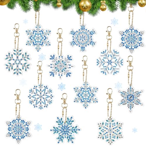 XLZJYIJ 5D Diamond Painting Weihnachten Anhänger Kinder, 12 Stück Doppelseitige DIY Schneeflocken Diamant Malerei Kit, Weihnachten Diamant Malerei SchlüSselbund für Weihnachtendeko und Geschenk von XLZJYIJ