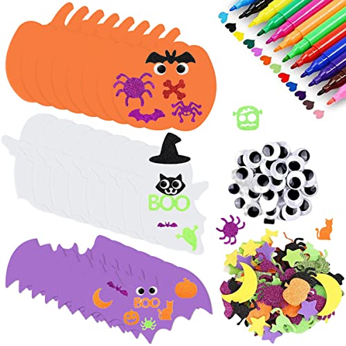 Halloween Kürbis Aufkleber, Bastelset Halloween Kinder mit 24 Stück Halloween Schaum Kürbis, 50 Stück Wackelaugen, 12 Farben kleiner Farbstift und 100 Stück Halloween Pumpkin Face Stickers von XLZJYIJ