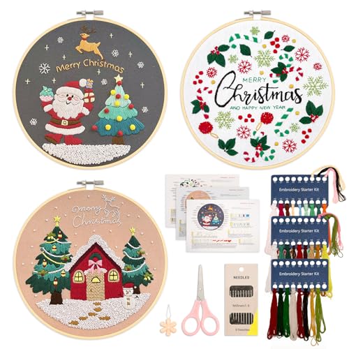 XM-GENYUE Anfänger Stickset für Erwachsene,sticken für anfänger weihnachten 3 teilig, enthält Stickrahmen, Stoff, Fäden und Nadeln, ideal für Handwerksliebhaber zum Erlernen von Sticktechniken von XM-GENYUE