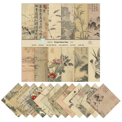 XMBHHRM 15,2 cm 24 Blatt Vintage Chinoiserie Scrapbook Papier, einseitig Blumen Bambus Chinesische Kalligraphie Antike Poesie Muster Quadratisches Handarbeitsmaterial Journaling Hintergrund von XMBHHRM