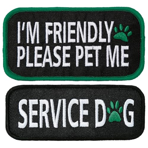 XMJY 2 x Hundepflaster – 1 x "I'm Friendly Please Pet Me"-Aufnäher und 1 x Service-Hunde-Patch, taktisches Hundegeschirr mit Klettverschluss, Moral-Patch für Hundeweste, Hundegeschirr und Rucksäcke von XMJY