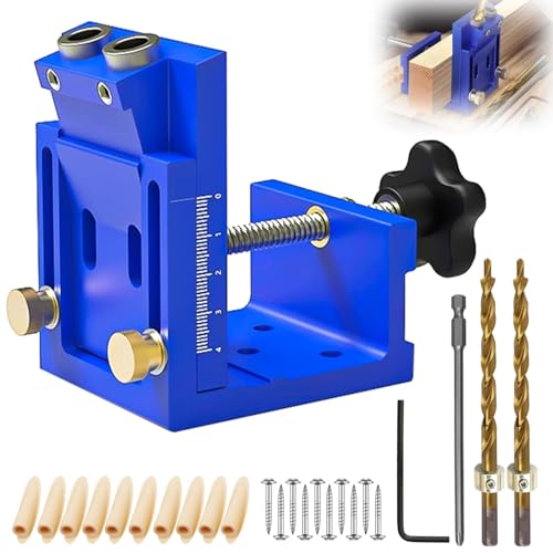 Einstellbar Holzdübel Taschenloch Bohrschablone, Blau Schrägloch Bohrschablone Möbelbau, Pocket Hole Jig Set, Dübelhilfe Bohrlehre, Bohrhilfe, mit 2 Stück 9 mm Bohren Schräg Bohrvorrichtung von XMSZQU