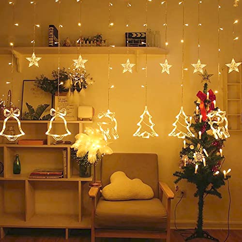 XMTECH LED Lichterkette Vorhang mit Sterne & Weihnachtsmuster 138 LED Lichtervorhang Warmweiß Weihnachtsbeleuchtung 8 Modi Stecker IP44, für Innen Außen Fenstern Partys Garten Weihnachtsdeko von XMTECH