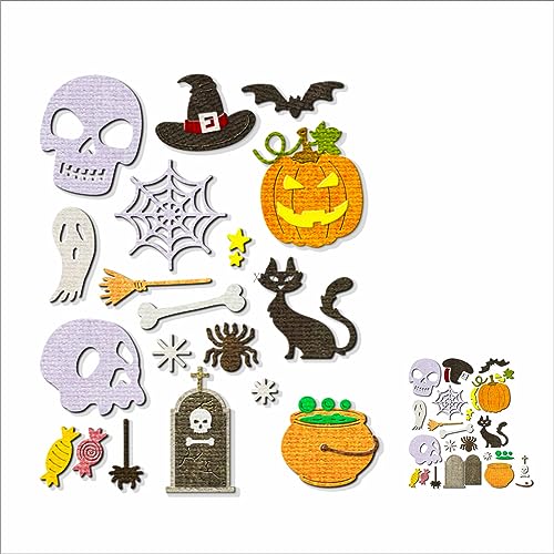 XMZZMX Halloween Kürbis Spinne Skelett Metall Stanzformen für Kartenherstellung, Papierprägung Stanzformen Kit Aufbewahrungstaschen Zubehör, Scrapbooking Schablonen von XMZZMX