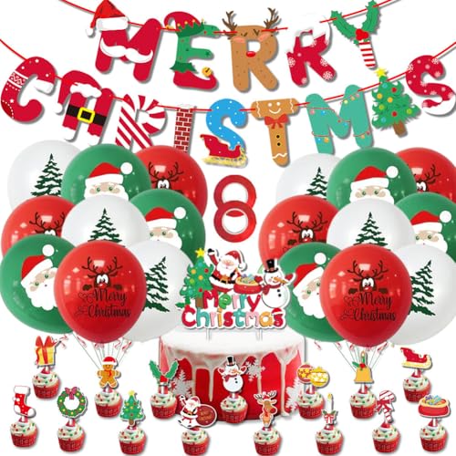 XNAUVOI 27 Stück Weihnachten Dekoration Set, Weihnachten Party Deko Partyzubehör, Weihnachten Luftballons Set Merry Christmas Banner Cake Dekoration Cake Topper Weihnachten Deko Kinder von XNAUVOI