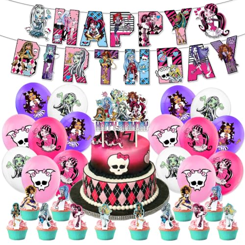 XNAUVOI 30pcs Monster Party Supplies, Monsters Birthday Party Decorations, Monster Party Dekoration Balloons Cupcake Toppers Banner Luftballons für Kinder von XNAUVOI