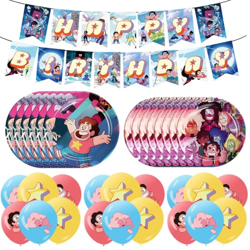 XNAUVOI 39 Pcs Ste-ven Universe Kindergeburtstag Party Deko, Cartoon Geburtstag Partygeschirr, Ste-ven Universe Theme Party Supplies - Banner, Ballons, Teller Cartoon Thema Party Dekoration von XNAUVOI