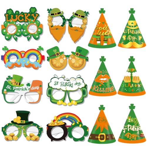 XNAUVOI St. Patrick's Day Papierhüte Brillen, 14Stück St. Patrick's Fotorequisite, St. Patricks Day Party Zubehör Set, St. Patricks Day Deko, Partybrille Foto Requisiten, Foto Accessoires Party von XNAUVOI