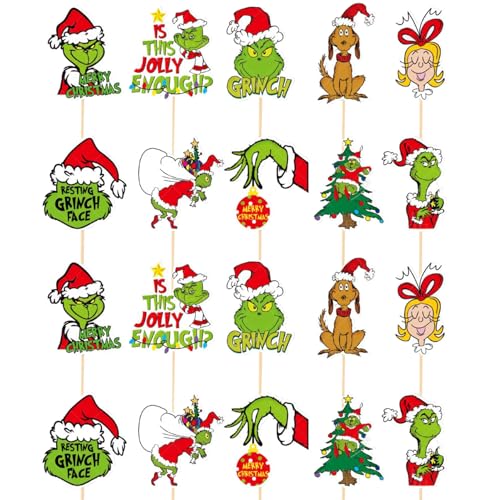 XNHIU 20 Stück Grinches Cupcake-Topper Weihnachten Zahnstocher Kuchen Topper Grinch Weihnachtsdekorationen Grinch Geburtstag Kuchen Dekor für Kuchendekorationen Zubehör von XNHIU