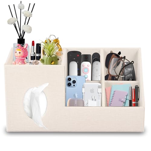 Taschentücher Box aus Leinen mit Seitentasche,Quadratische Kosmetiktücher Box mit Magnetverschluss,Tücherbox mit Ablage Oben für Mobiltelefone,Kosmetika,Fernbedienungen,Büroartikel,Parfüms (Beige) von XNONE