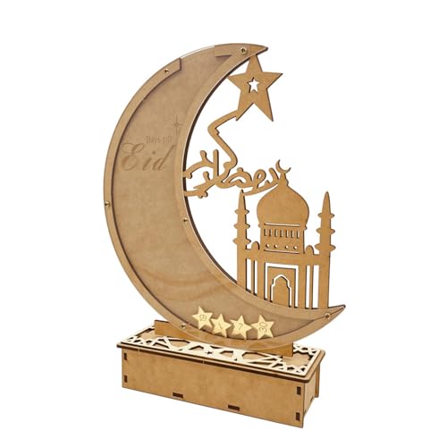 Ramadan Kalender Mit LED Lichterkette, Ramadan Deko Aus Holz, Mond Stern Form Tischdeko, Ramadan Countdown Kalender Ornament, Eid Mubarak Dekoration Ramadan Kalender Kinder, Familien (Stil A) von XNSHUN