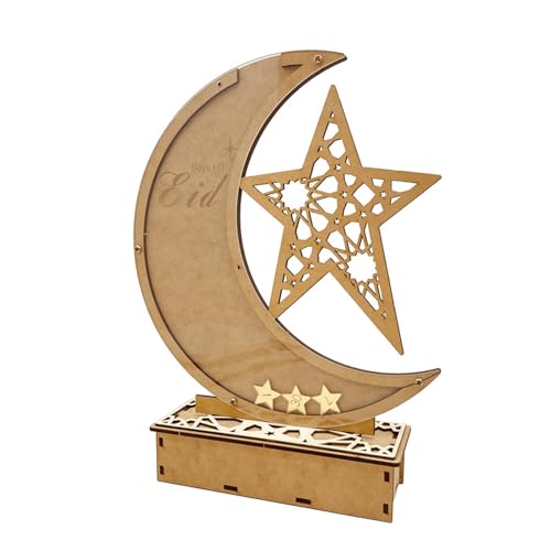 Ramadan Kalender Mit LED Lichterkette, Ramadan Deko Aus Holz, Mond Stern Form Tischdeko, Ramadan Countdown Kalender Ornament, Eid Mubarak Dekoration Ramadan Kalender Kinder, Familien (Stil C) von XNSHUN