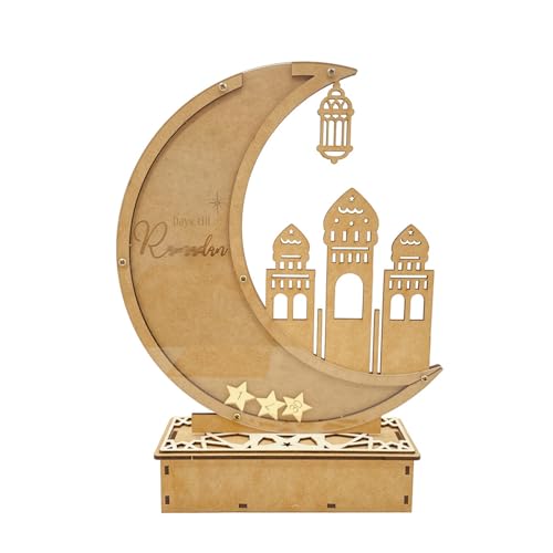 Ramadan Kalender Mit LED Lichterkette, Ramadan Deko Aus Holz, Mond Stern Form Tischdeko, Ramadan Countdown Kalender Ornament, Eid Mubarak Dekoration Ramadan Kalender Kinder, Familien (Stil D) von XNSHUN