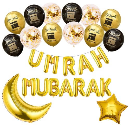 Umrah Mubarak Party Dekorationsset Ballon, Umrah Mubarak Buchstaben Ballon Banner Stern Konfettiballon Ramadan Muslimisches Eid Umrah Mubarak Dekorations Party (Gold) von XNSHUN