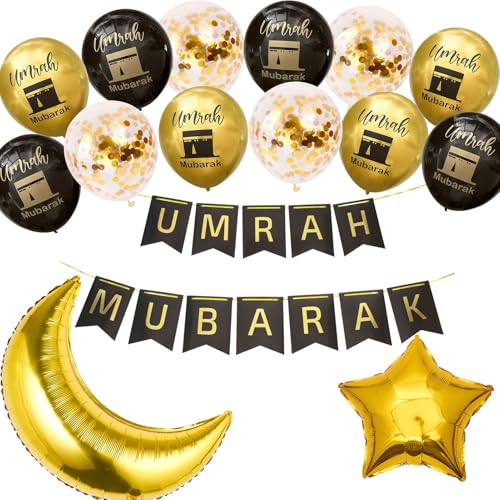 Umrah Mubarak Party Dekorationsset Ballon, Umrah Mubarak Buchstaben Ballon Banner Stern Konfettiballon Ramadan Muslimisches Eid Umrah Mubarak Dekorations Party (Schwarz) von XNSHUN