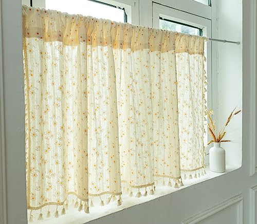 XNSHUN Bistrogardine Kurze Gardinen Küche, Kurzgardine Landhausstil Scheibengardinen, Fensterbehandlung Baumwolle Mit Quasten, Für Küche, Café (HxB 45x132cm,01) von XNSHUN