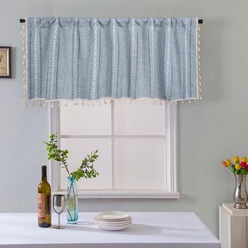 XNSHUN Bistrogardine Kurze Gardinen Küche, Kurzgardine Landhausstil Scheibengardinen, Fensterbehandlung Baumwollleinen Mit Quasten, Für Küche Cafe Zimmer (HxB 45x132cm,Blau) von XNSHUN