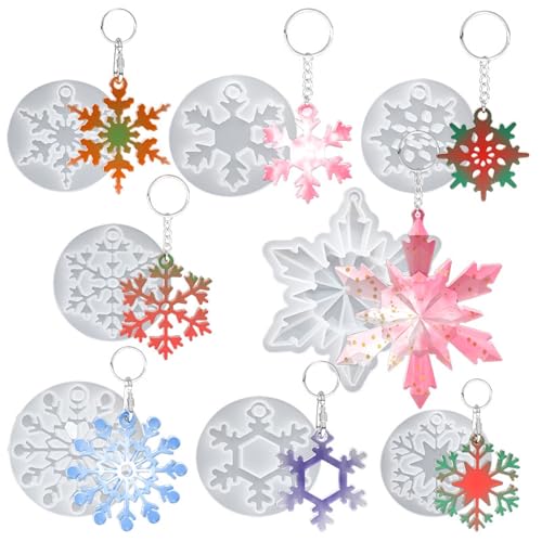 XNSHUN Silikonform Weihnachten, Resin Silikonform Epoxidharz Formen, DIY Silikon Charms Anhänger Gießform, Schneeflocke Weihnachtsbaum Elch Glocke Resin Formen (Schneeflocken) von XNSHUN