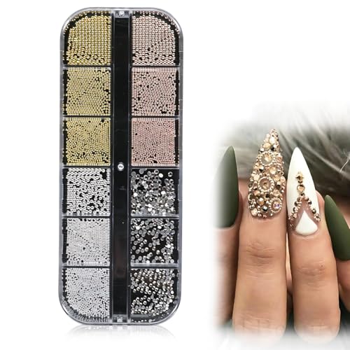 1Schachtel/12Raster Nail Art Strasssteine,Perlen Für Nägel Halbrunde Perlenkugeln Nail Charms Klein Edelstahl-Perlen Caviar Beads Flatback-Perlen Für Nagel, Bekleidung, DIY von XOXVURI