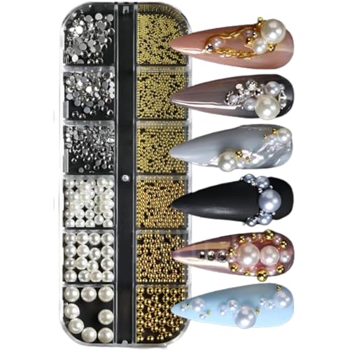 1Schachtel/12Raster Nail Art Strasssteine,Weiße Perlen Für Nägel Halbrunde Perlenkugeln Nail Charms Klein Edelstahl-Perlen Caviar Beads Weiße Flatback-Perlen für Frauen Acryl Nagel Dekorationen von XOXVURI