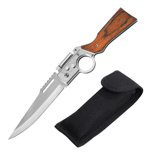 XPJBKC Jagdmesser Klappmesser, 21 x 4.3cm Klappmesser Holzgriff mit Gürteltasche, 3 in 1 Multifunktions Survival Messer mit LED Licht,Taschenmesser Outdoor für Camping,Jagd,Angeln,Geschenke für Männer von XPJBKC