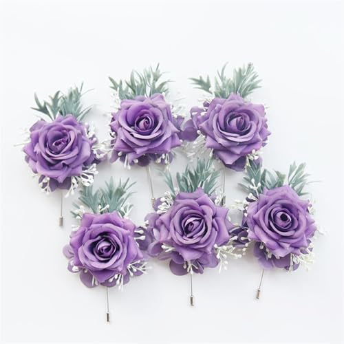 XPJYUA Hochzeit Corsage 1/6 STK Lila Rose Hochzeit Handgelenk Corsage und Boutonniere Set for Braut Brautjungfer Männer Bräutigam Rote Rose Hochzeit Blumen Zubehör(6PCS Boutonniere) von XPJYUA