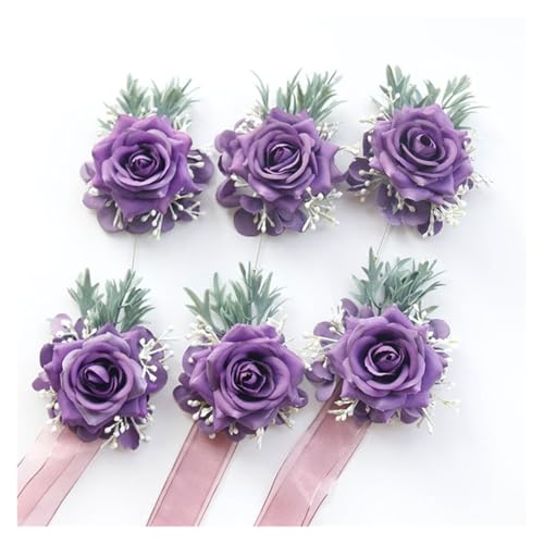 XPJYUA Hochzeit Corsage 1/6 STK Lila Rose Hochzeit Handgelenk Corsage und Boutonniere Set for Braut Brautjungfer Männer Bräutigam Rote Rose Hochzeit Blumen Zubehör(6PCS Set) von XPJYUA