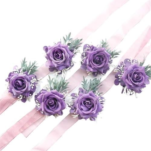 XPJYUA Hochzeit Corsage 1/6 STK Lila Rose Hochzeit Handgelenk Corsage und Boutonniere Set for Braut Brautjungfer Männer Bräutigam Rote Rose Hochzeit Blumen Zubehör(6PCS Wrist Corsage) von XPJYUA