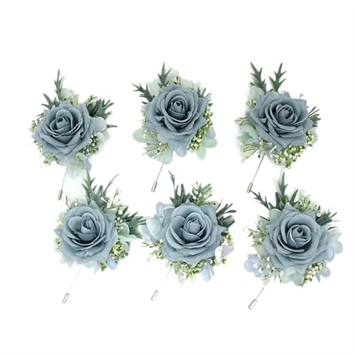 XPJYUA Hochzeit Corsage 1/6 stücke Rose Hochzeit Handgelenk Corsage Und Boutonniere for Braut Brautjungfer Mann Bräutigam Blaue Rose Hochzeit Blumen Zubehör Prom Anzug(6PCS Boutonniere) von XPJYUA