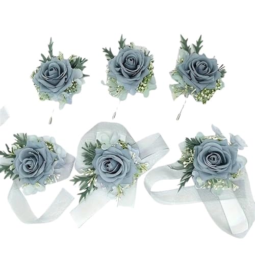 XPJYUA Hochzeit Corsage 1/6 stücke Rose Hochzeit Handgelenk Corsage Und Boutonniere for Braut Brautjungfer Mann Bräutigam Blaue Rose Hochzeit Blumen Zubehör Prom Anzug(6PCS Set) von XPJYUA