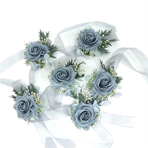 XPJYUA Hochzeit Corsage 1/6 stücke Rose Hochzeit Handgelenk Corsage Und Boutonniere for Braut Brautjungfer Mann Bräutigam Blaue Rose Hochzeit Blumen Zubehör Prom Anzug(6PCS Wrist Corsage) von XPJYUA