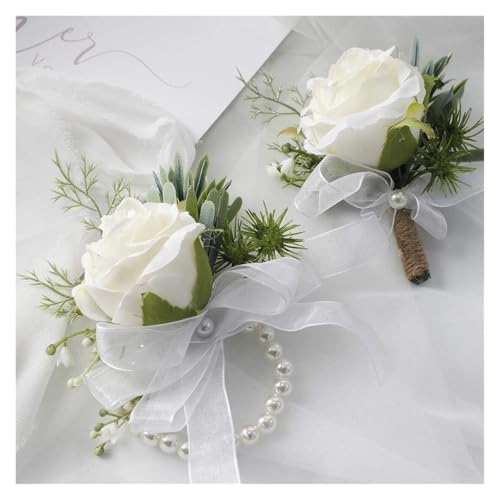 XPJYUA Hochzeit Corsage 2 Stück Ansteckblume fürs Handgelenk, Armband und Boutonniere for Männer, for weiße Hochzeitsblumen, Accessoires, Abschlussball-Dekorationen(2pcs Set) von XPJYUA