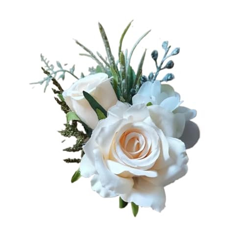 XPJYUA Hochzeit Corsage Boutonnieres Blumen Künstliche weiße Rosen Seide Elfenbein Corsage Knopfloch Bräutigam Männer Boutonniere for Männer Hochzeitsaccessoires(D) von XPJYUA