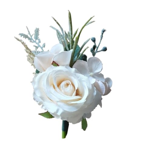 XPJYUA Hochzeit Corsage Boutonnieres Blumen Künstliche weiße Rosen Seide Elfenbein Corsage Knopfloch Bräutigam Männer Boutonniere for Männer Hochzeitsaccessoires(F) von XPJYUA