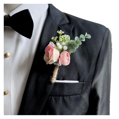 XPJYUA Hochzeit Corsage Bräutigam Boutonniere Hochzeit Handgelenk Corsage Armbänder for Brautjungfern Rosa Rosen Künstliche Blumen Männer Knopfloch Party Zubehör(Boutonniere 2) von XPJYUA