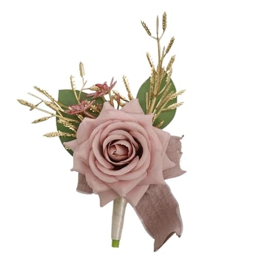 XPJYUA Hochzeit Corsage Dusty Pink Künstliche Blumen Hochzeitsaccessoires Rose Handgelenk Corsage Brautjungfer Boutonniere(Boutonniere) von XPJYUA