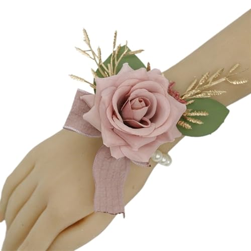 XPJYUA Hochzeit Corsage Dusty Pink Künstliche Blumen Hochzeitsaccessoires Rose Handgelenk Corsage Brautjungfer Boutonniere(Wrist Flower) von XPJYUA