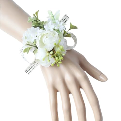 XPJYUA Hochzeit Corsage Handgelenk Corsage Hochzeit Männer Boutonniere Mädchen Armband Bräutigam Pins Brautjungfer Handgelenk Corsage Blume Seide Rose Boutonniere(Bracelet White D) von XPJYUA