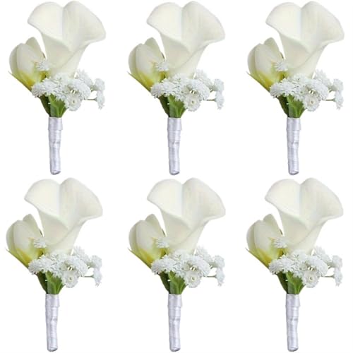 XPJYUA Hochzeit Corsage Hochzeitszubehör Bräutigam Braut Corsage Brautjungfer Schwestern Handgelenk Blume Bankett Boudoir Handblume Imitation Calla Lily(6 pcs Boutonniere) von XPJYUA