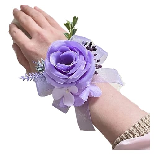 XPJYUA Hochzeit Corsage Lila Corsage Boutonniere Hochzeitszubehör Knopflochblumen Künstliche Rosen Prom Boyfriend Dekoration(Wrist Corsage A) von XPJYUA