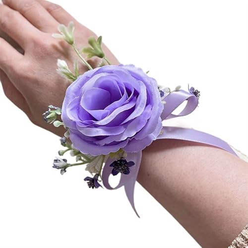 XPJYUA Hochzeit Corsage Lila Corsage Boutonniere Hochzeitszubehör Knopflochblumen Künstliche Rosen Prom Boyfriend Dekoration(Wrist Corsage B) von XPJYUA