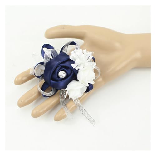 XPJYUA Hochzeit Corsage Seidenrosen, weiße Ansteckblume for das Handgelenk, Blumen for Brautjungfern, Blumenarmband, rosa, blau, Brautschwestern, Hochzeitsaccessoires(Dark Blue) von XPJYUA