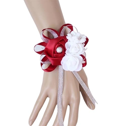 XPJYUA Hochzeit Corsage Seidenrosen, weiße Ansteckblume for das Handgelenk, Blumen for Brautjungfern, Blumenarmband, rosa, blau, Brautschwestern, Hochzeitsaccessoires(Dark Red) von XPJYUA