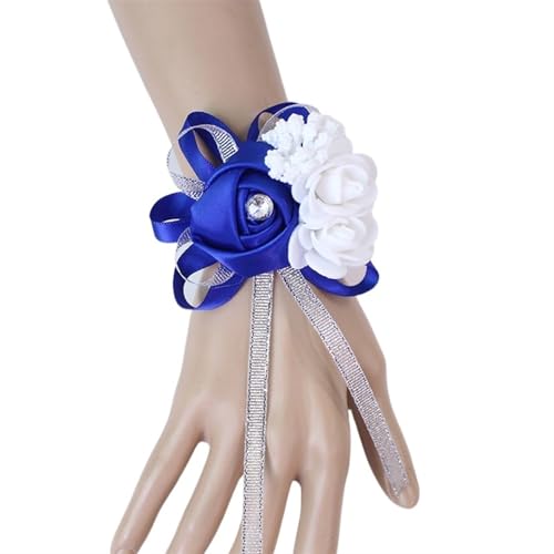 XPJYUA Hochzeit Corsage Seidenrosen, weiße Ansteckblume for das Handgelenk, Blumen for Brautjungfern, Blumenarmband, rosa, blau, Brautschwestern, Hochzeitsaccessoires(Deep- Blue) von XPJYUA